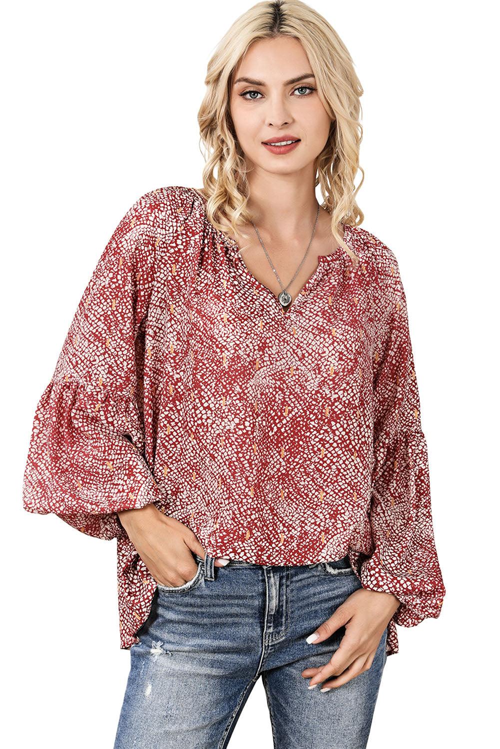 Fiery Red Pleated Lantern Sleeve Abstract Print Blouse