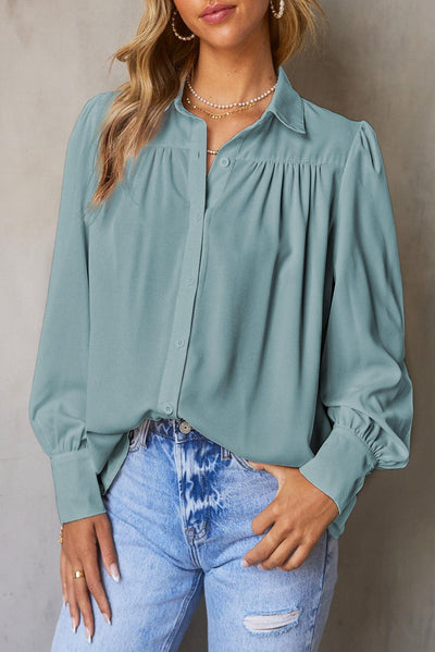 Sky Blue Solid Color Button Up Puff Sleeve Blouse