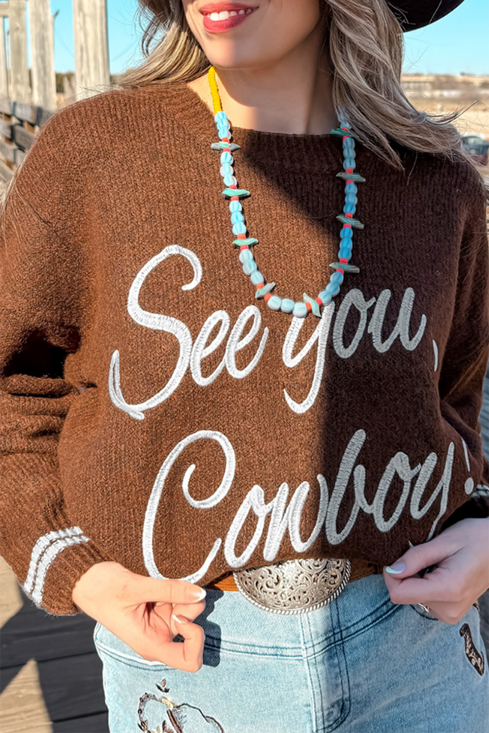Light Grey See You Cowboy Embroidered Western Graphic Sweater