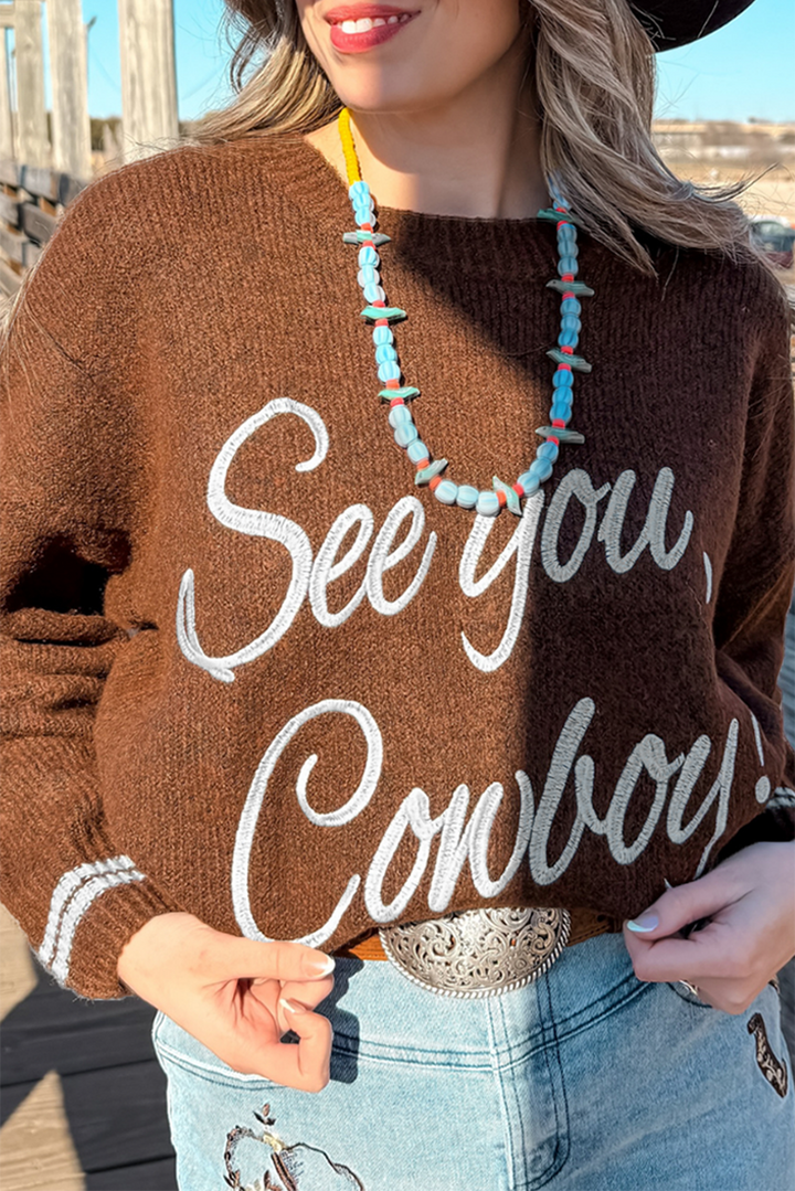 Light Grey See You Cowboy Embroidered Western Graphic Sweater