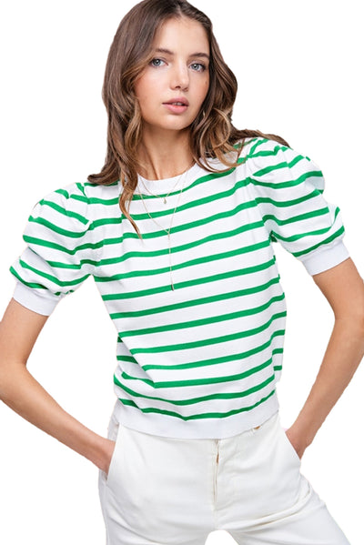 Green Stripe Puff Sleeve Elegant T-shirt