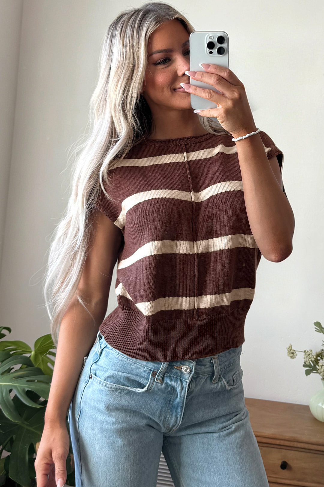 Rose Stripe Knit Western Short Sleeve Sweater