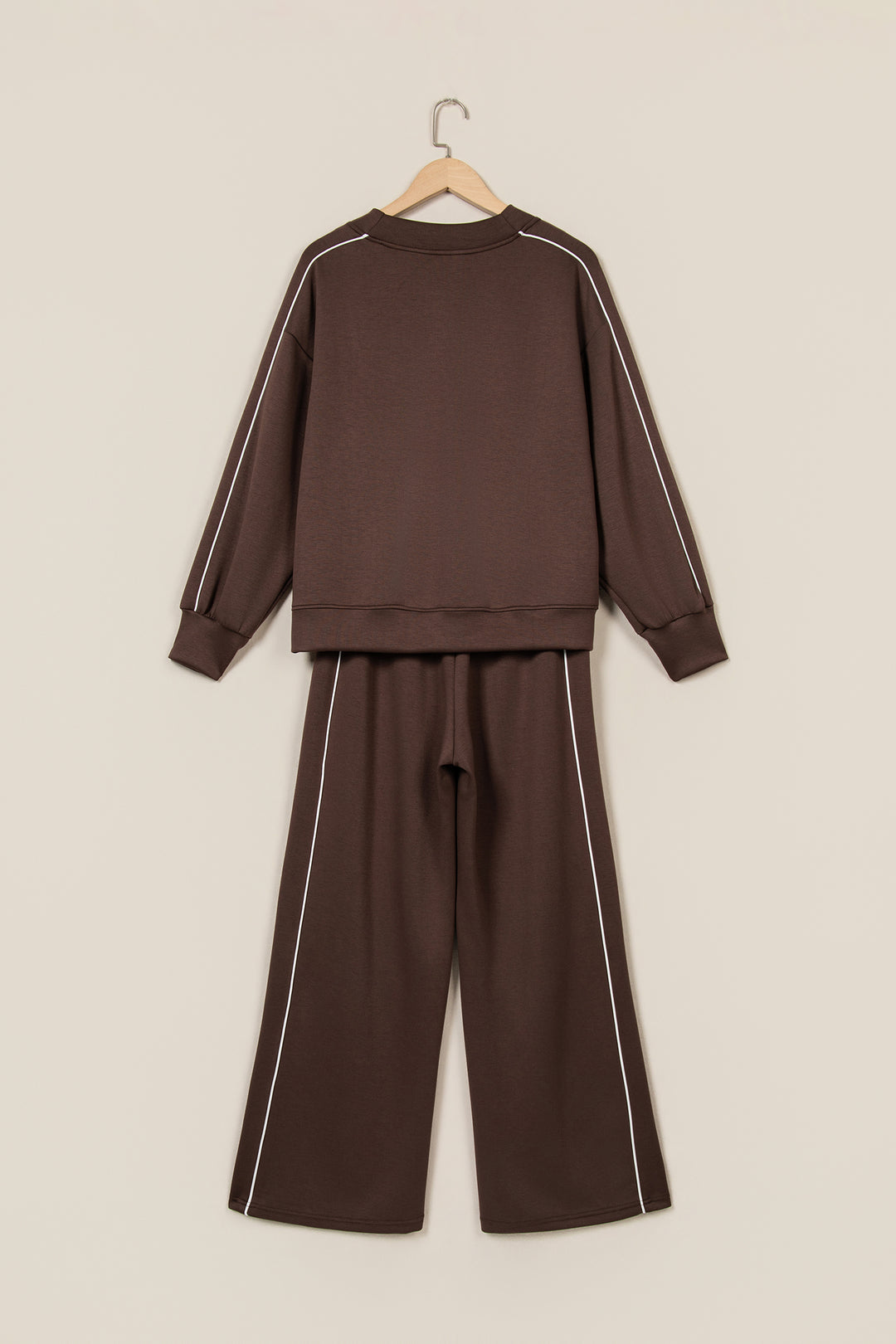 Coffee Sporty Piping Trim Mock Neck Pullover Relaxed 2pcs Pant Set
