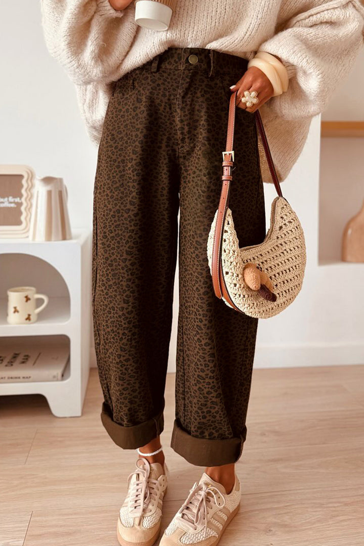 Brown Casual Leopard Print Full-Length Regular Fit Jeans