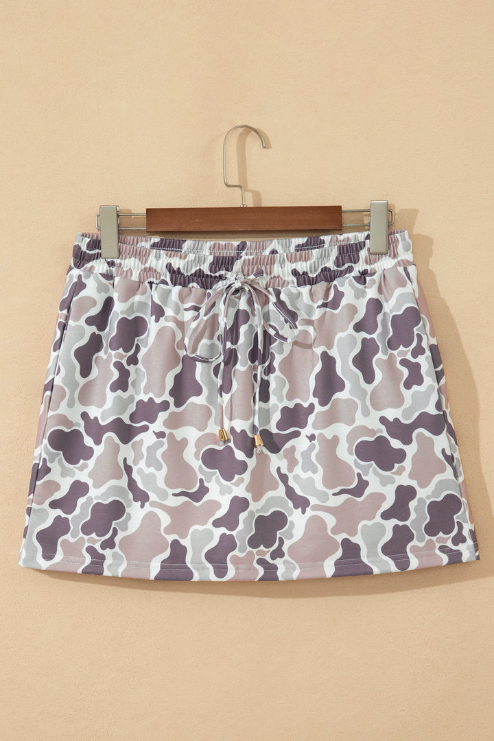 Sky Blue Abstract Camo Elastic Waist Drawstring Mini Skort
