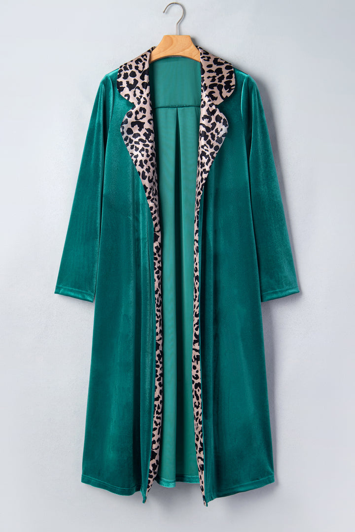 Skobeloff Velvet Contrast Leopard Print Lapel Collar Open Front Cardigan