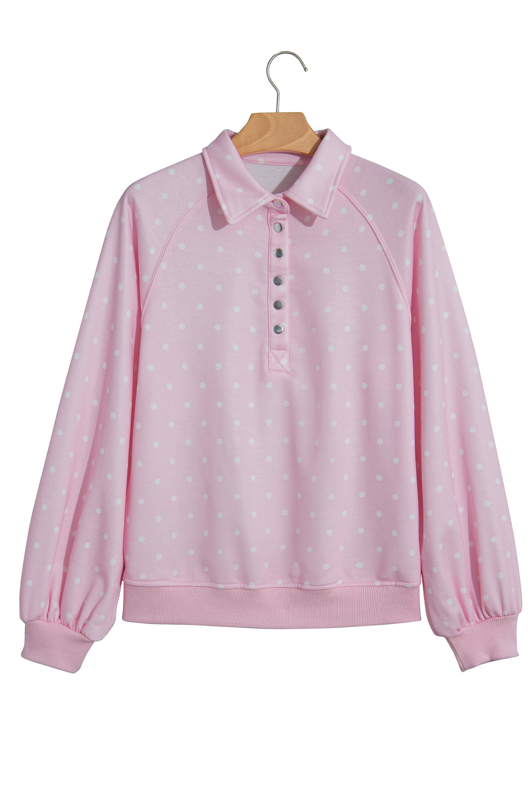 Pink Polka Dot Print Metal Button Collar Casual Pullover Sweatshirt