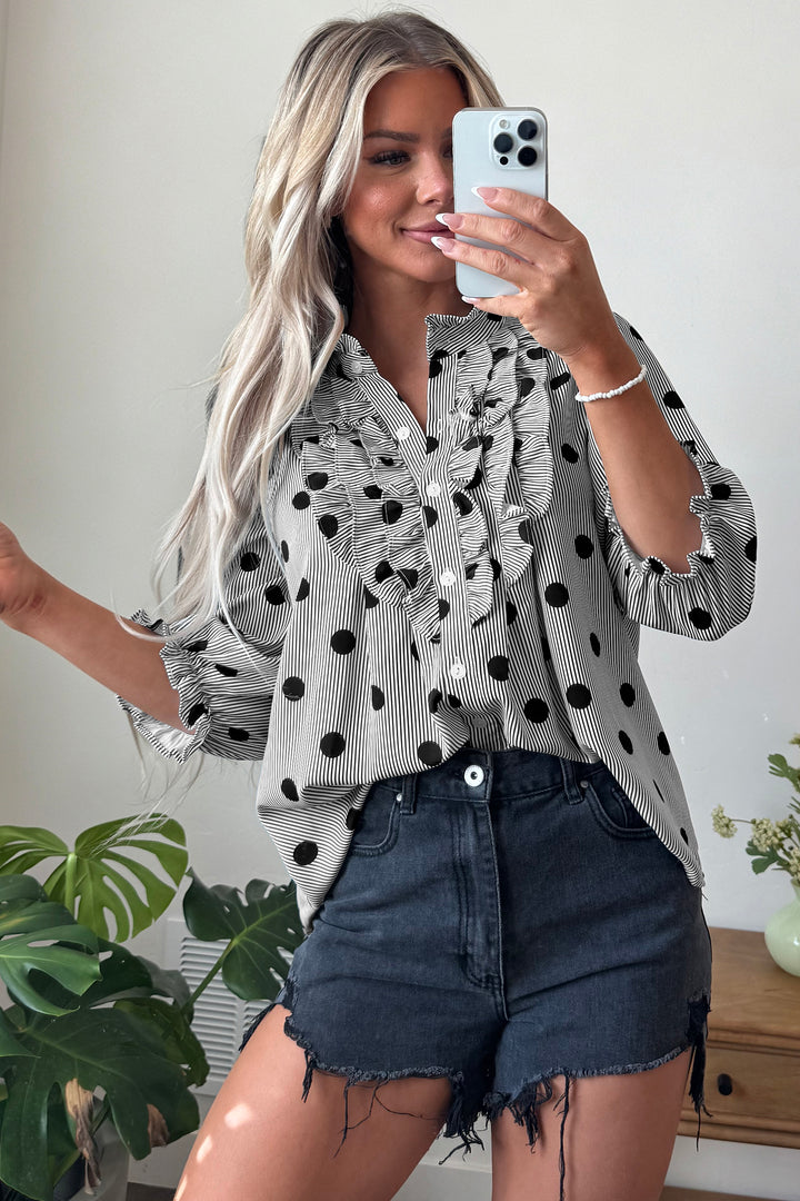 Black white Polka Dot Striped Print Ruffle Stand Neck 3/4 Sleeve Shift Shirt