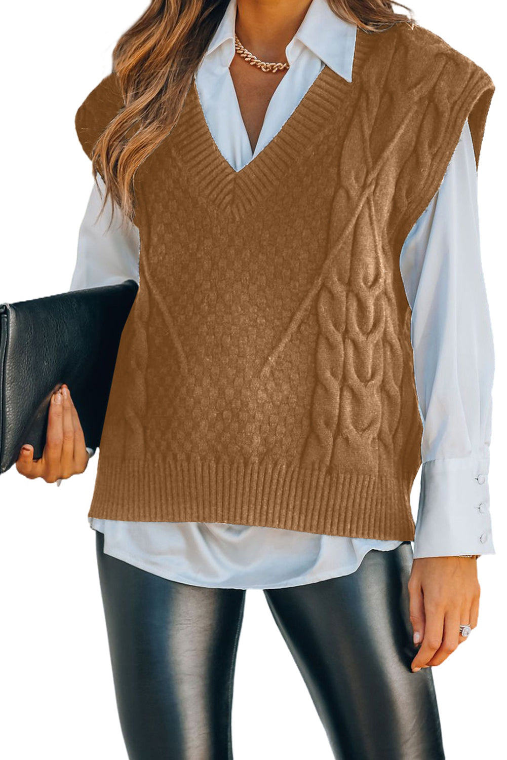 Brown V-Neck Twist Knitted Vest Sweater