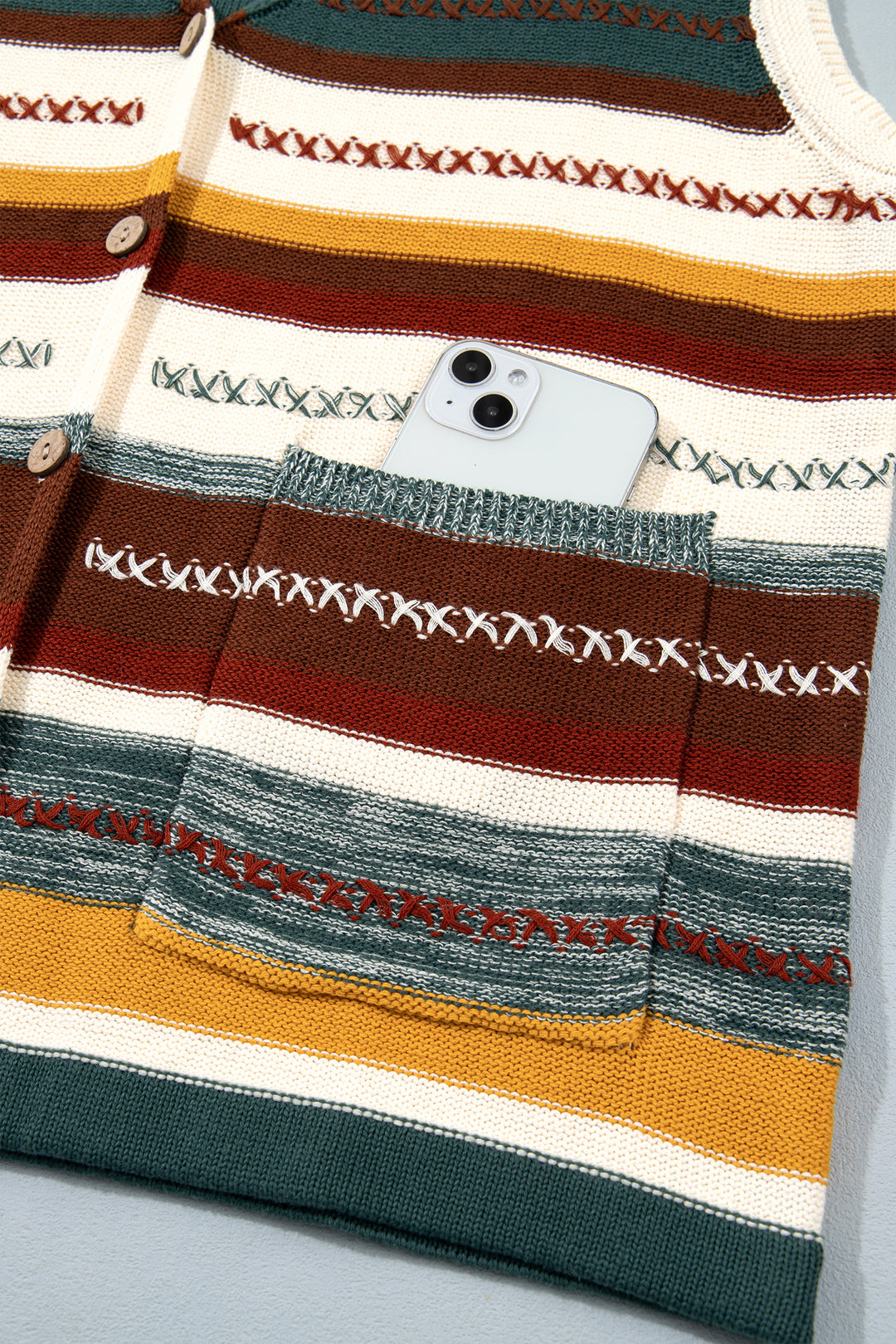 Multicolour Striped Button Front Sleeveless Knit Regular Fit Sweater Vest