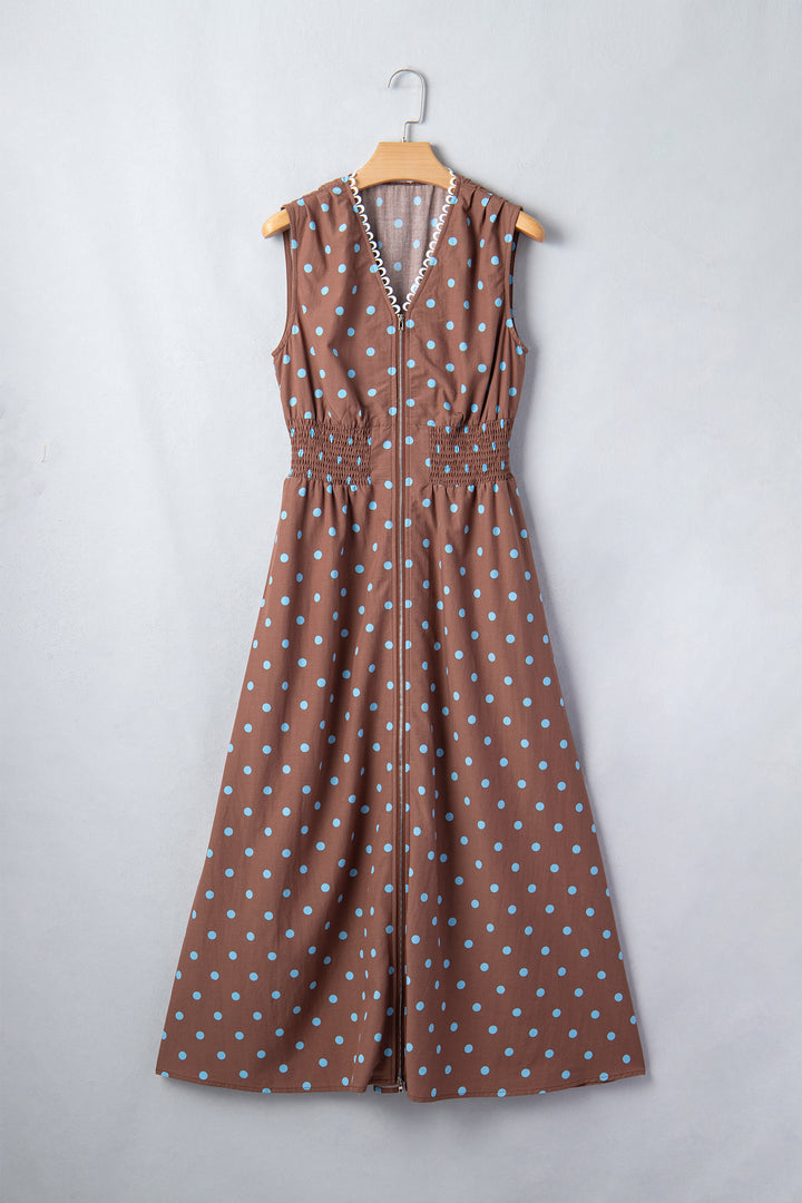 Black Polka Dot Print Contrast Trim V Neck Zip Up Sleeveless Dress
