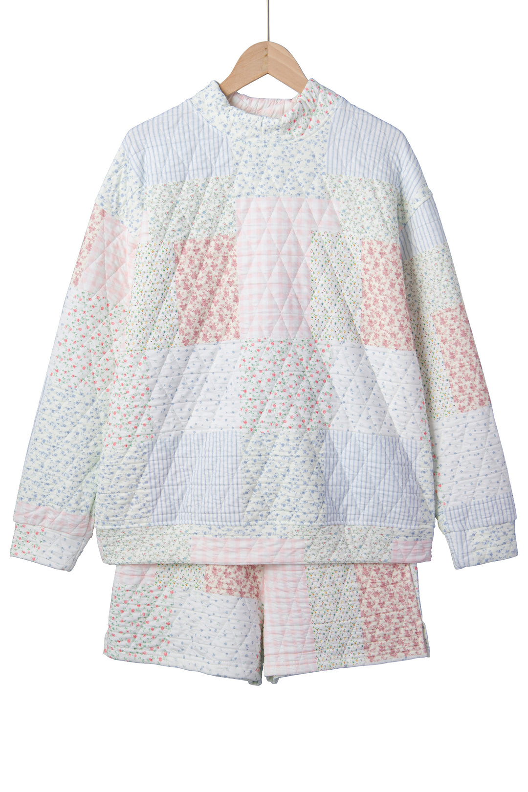 Multicolour Floral Quilted Mock Neck Top and Short Set