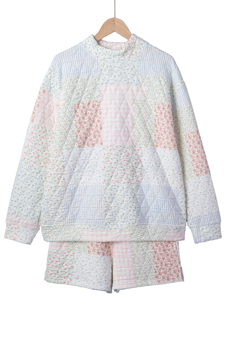 Multicolour Floral Quilted Mock Neck Top and Short Set