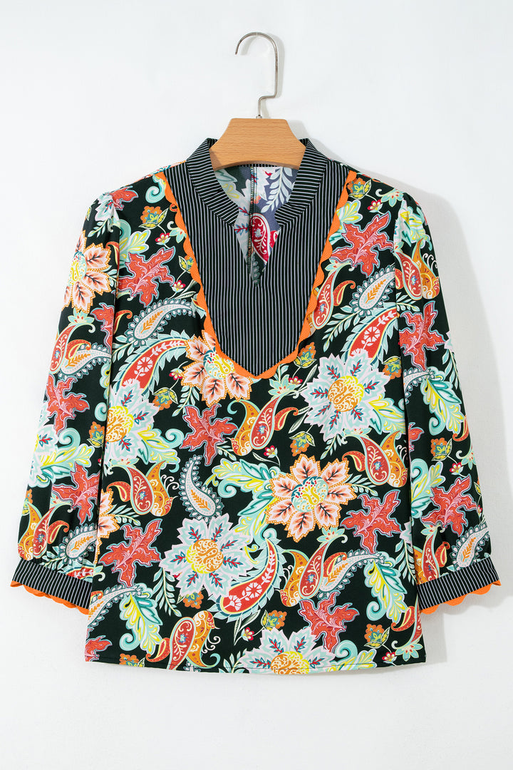 Black Contrast Ricrac Trim Striped Edge Patchwork Floral Print Blouse