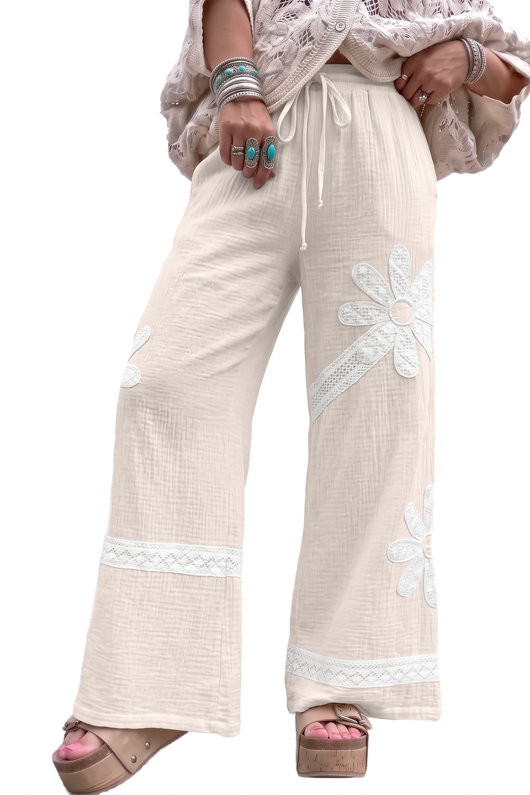 White Floral Lace Patchwork Boho Wide Leg Casual Pants