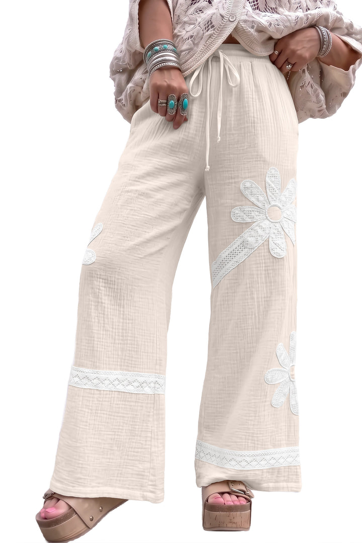 White Floral Lace Patchwork Boho Wide Leg Casual Pants