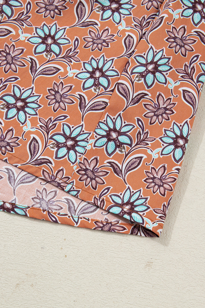 Orange Boho Floral Contrast Collared Shirt Mini Dress