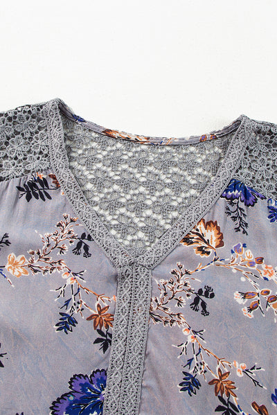 Sky Blue Floral Print Lace Patchwork Knot Front V Neck Blouse