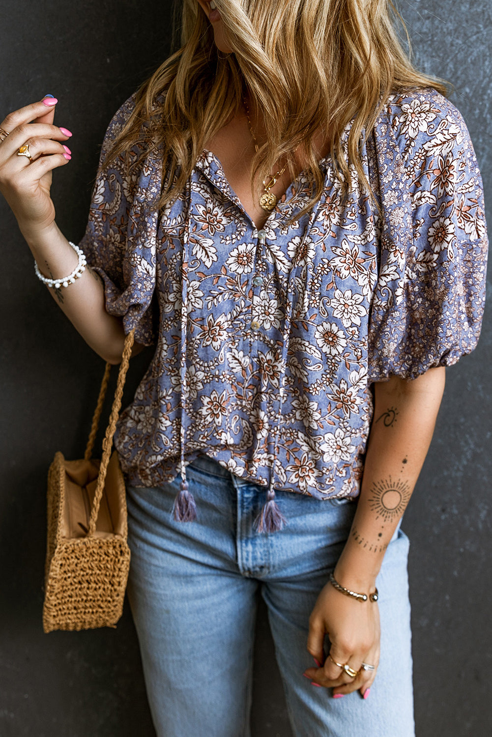 Purple Floral Tassel Tie Split Neck Bubble Sleeve Blouse