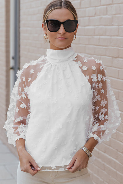 White Mock Neck Floral Mesh Long Sleeve Top