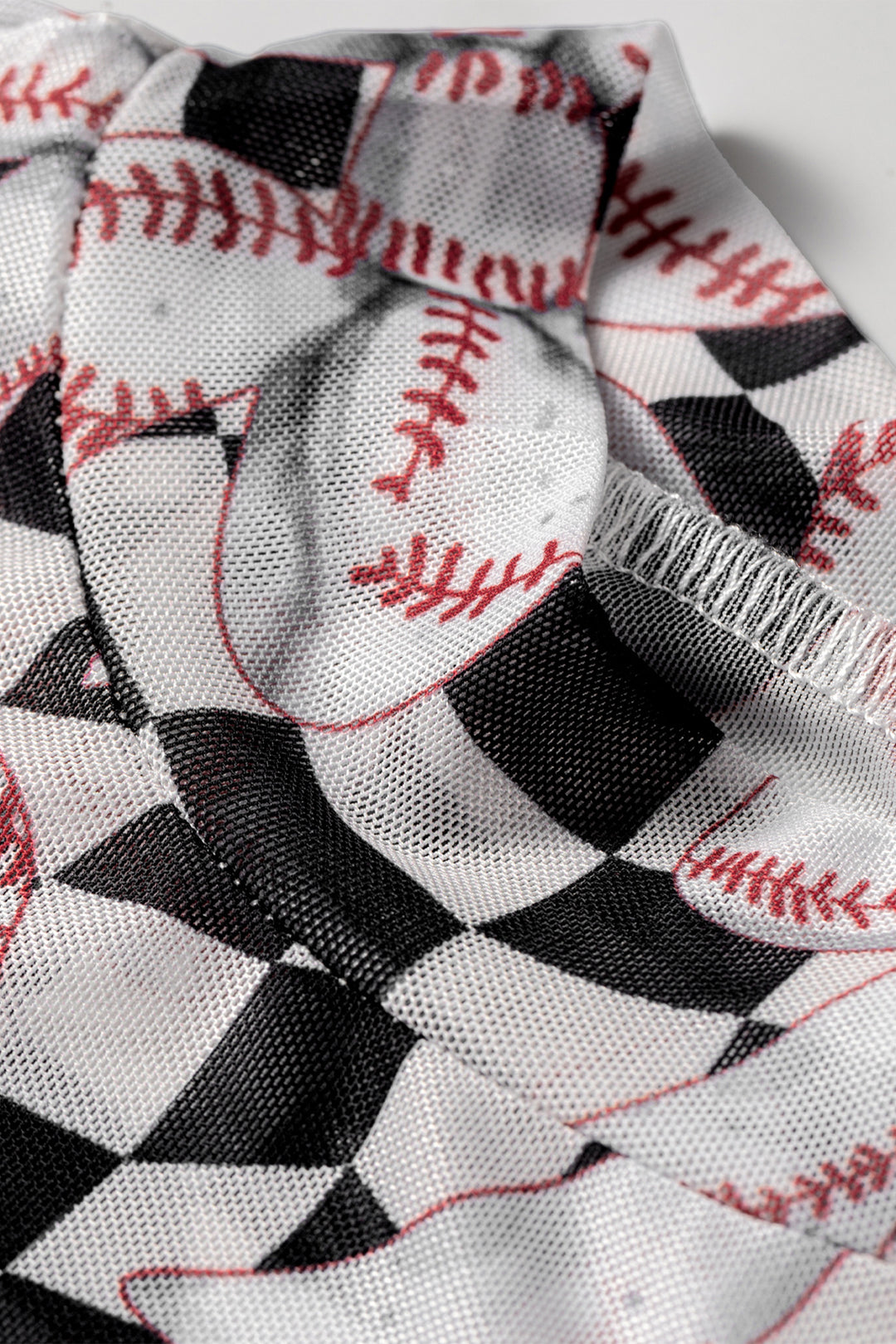 Black High Neck Plaid Baseball Bow Long Sleeve Mesh Top
