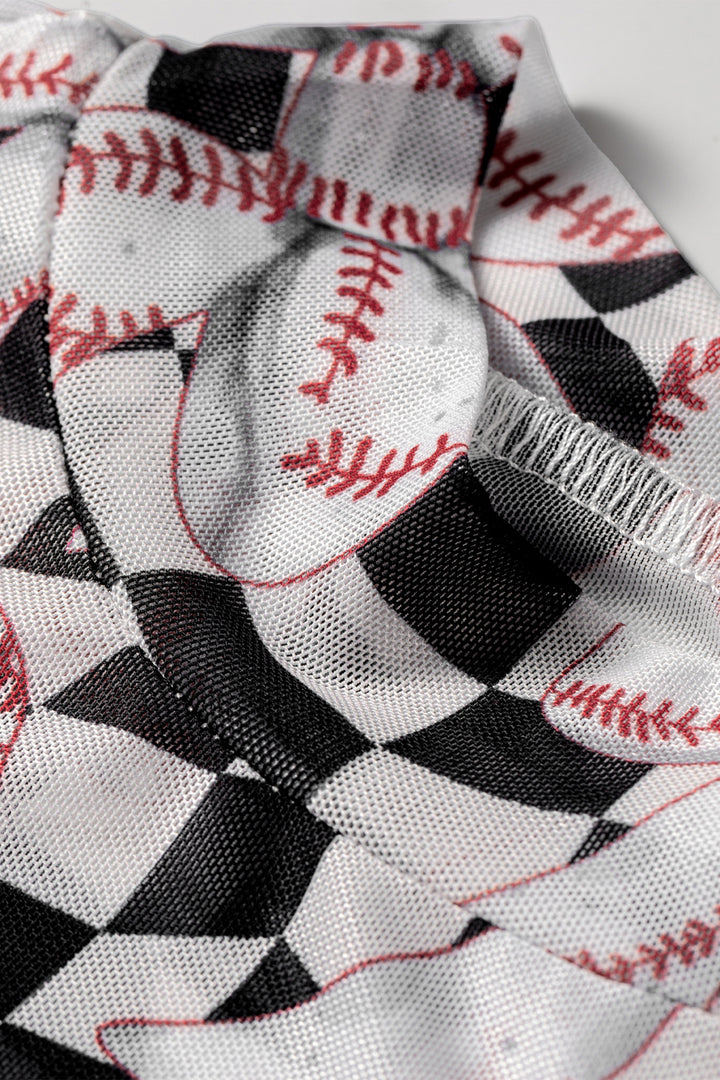 Black High Neck Plaid Baseball Bow Long Sleeve Mesh Top