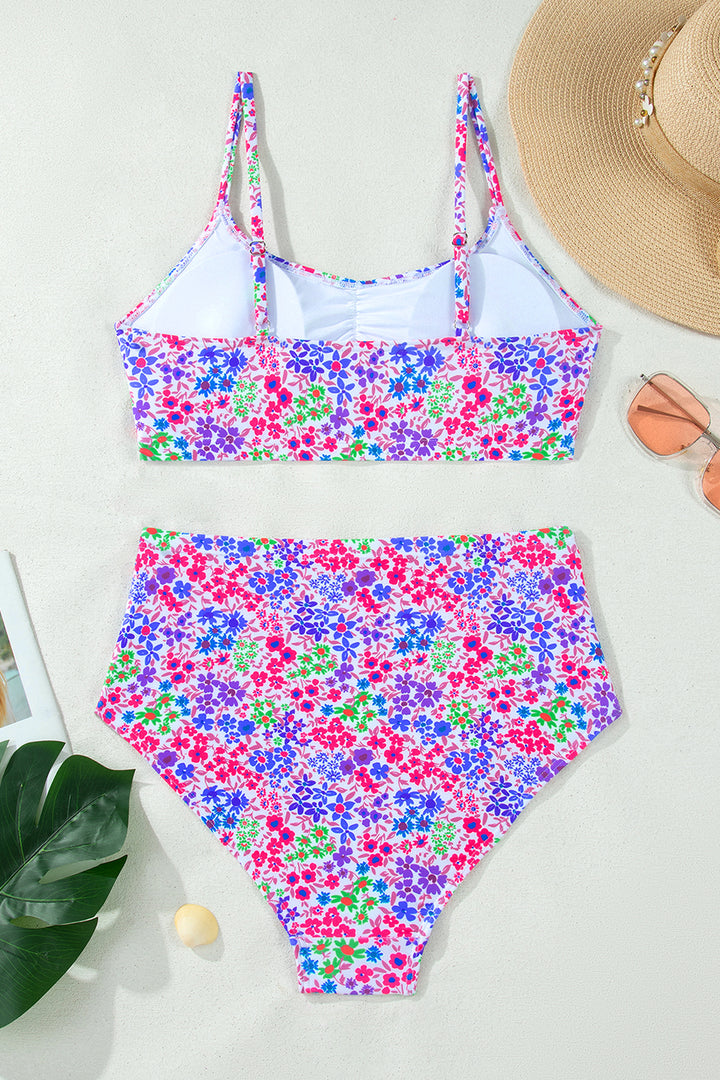 Purple Floral Print Lace Trim Spaghetti Strap Ruched Bikini High Waist Swimsuit