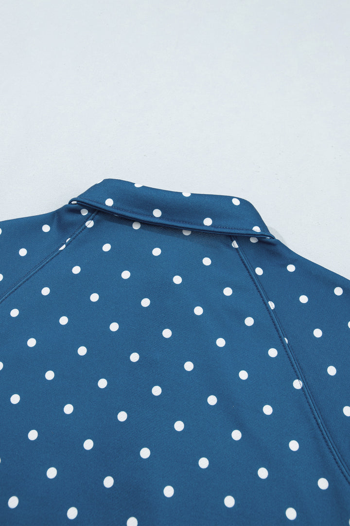 Pink Polka Dot Print Metal Button Collar Casual Pullover Sweatshirt