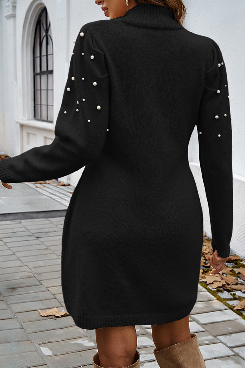 Parchment Pearl Beaded High Neck Bodycon Sweater Dress