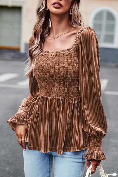 Chestnut Smocked Ribbed Velvet Babydoll Top