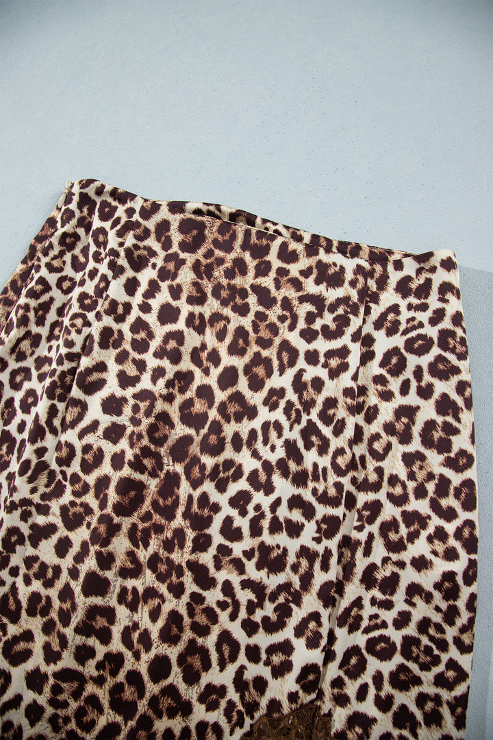 Brown Cheetah Print Trim Split Long Western Skirt