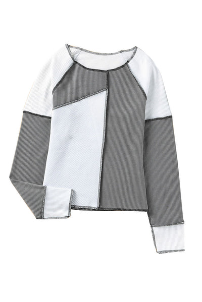 Gray Irregular Color Block Seaming Trim Rib Knit Top