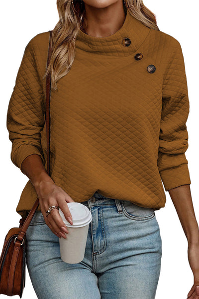 Chestnut Quilted Buttoned Neckline Stand Neck Pullover Sweatshirt