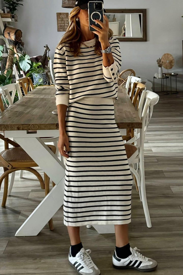 Black Stripe Ribbed Trim Button Cuff Long Sleeve Top Midi Skirt 2pcs Outfit