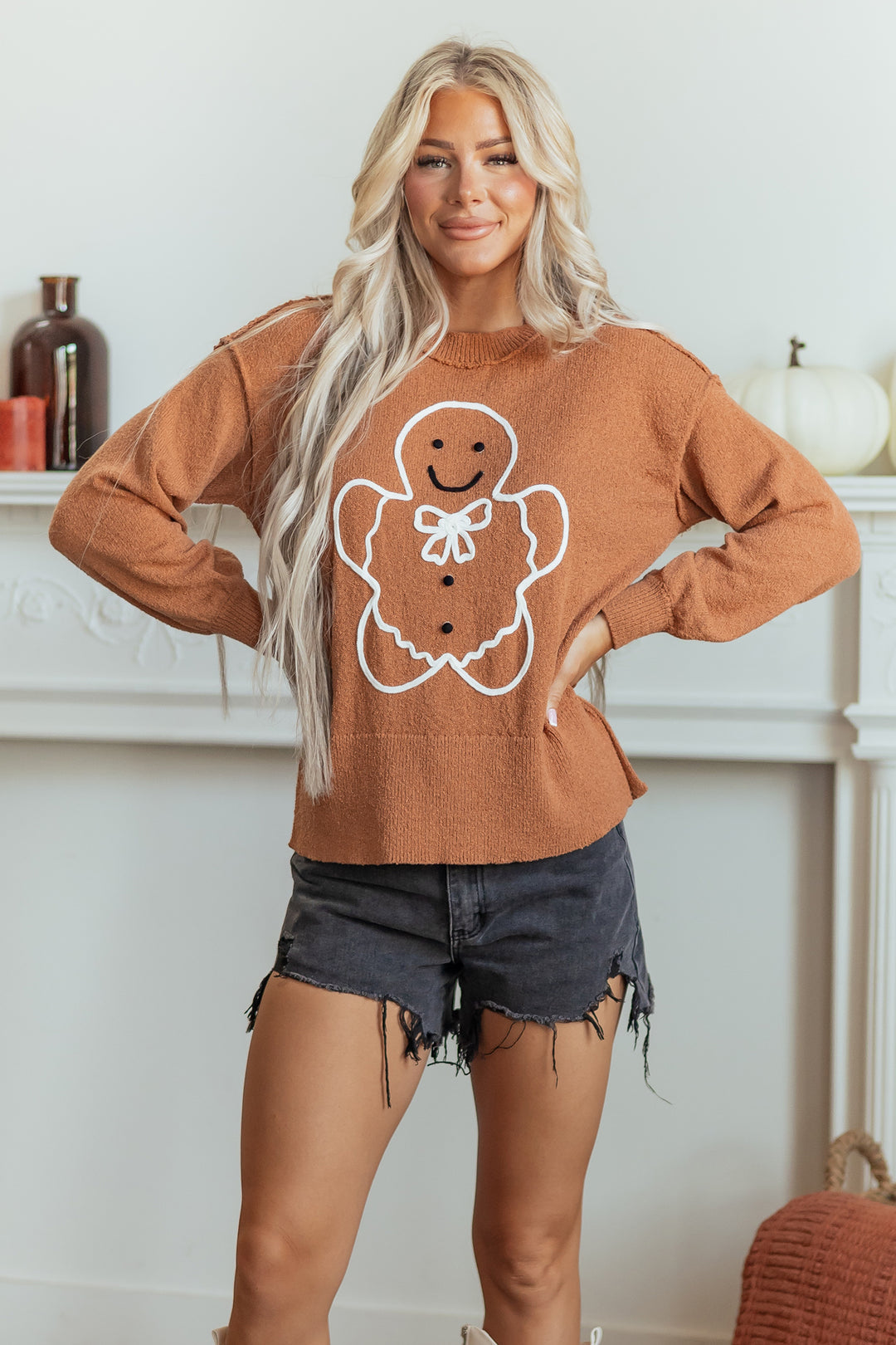 Brown Oversized Drop Shoulder Round Neck Christmas Sweater