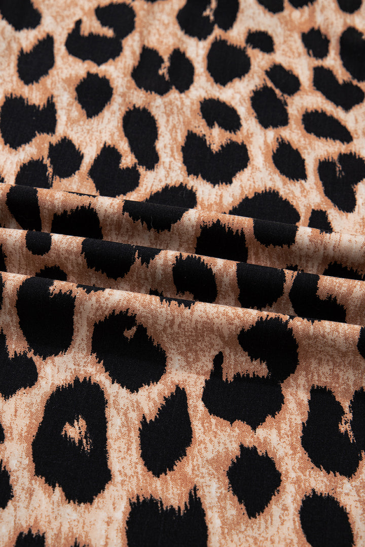 Brown Leopard Print Smocked Detail Flowy Midi Dress