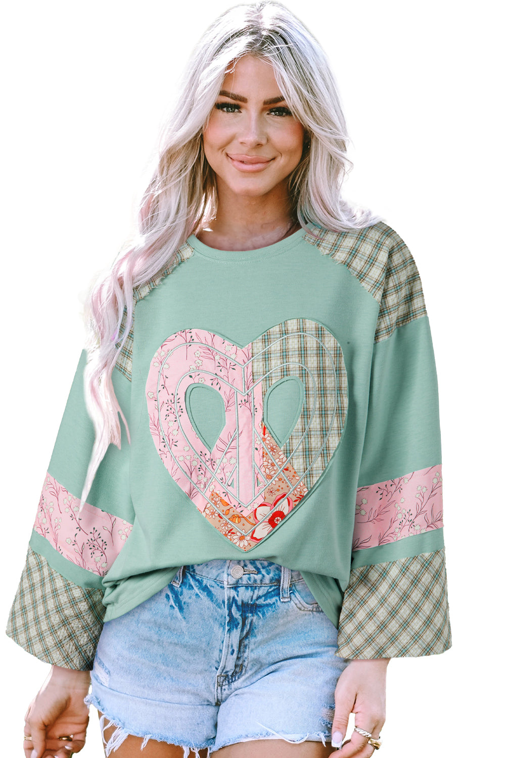 Clearly Aqua Plaid Floral Peace Heart Graphic Wide Long Sleeve Top