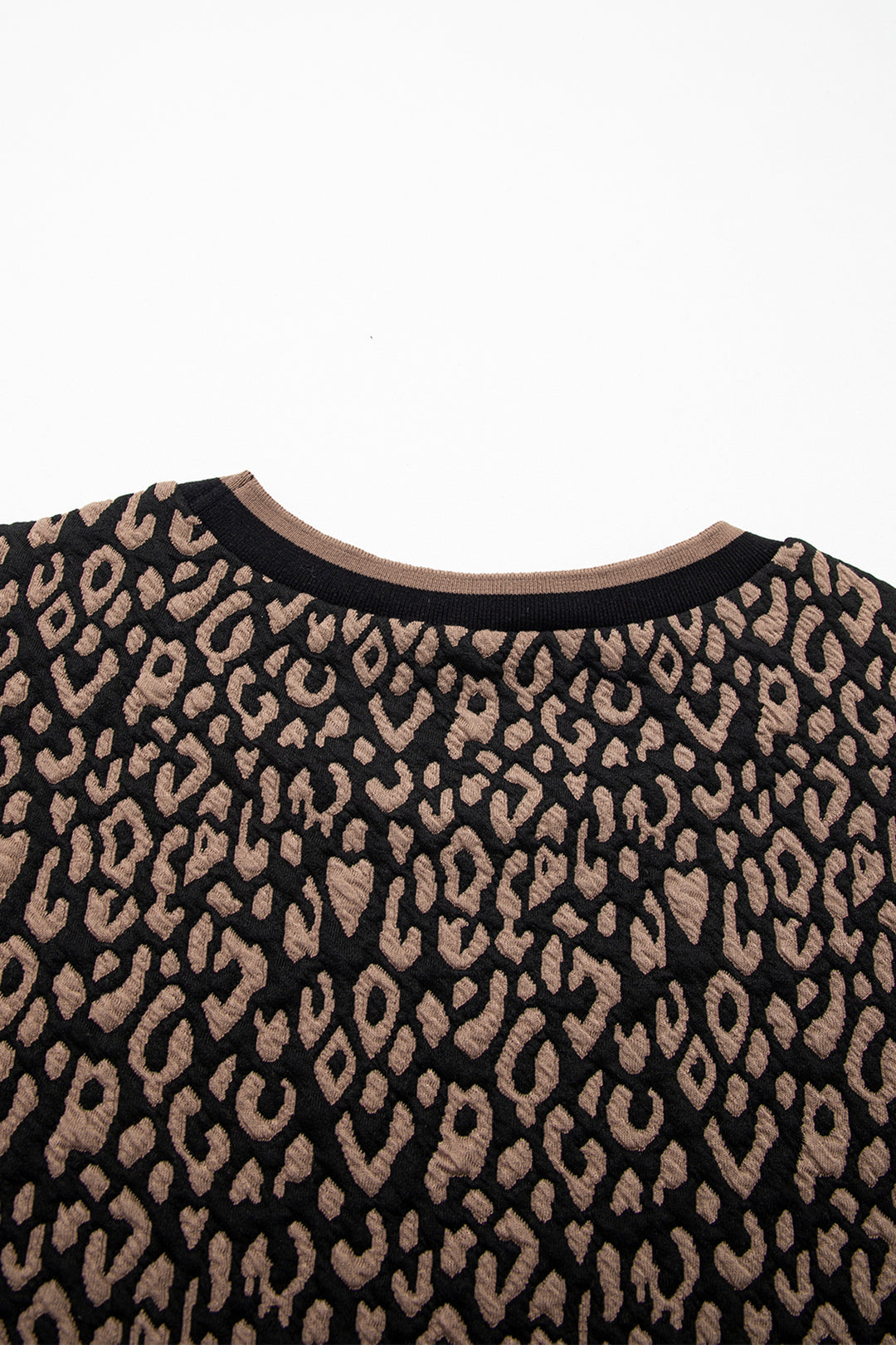 Black Leopard Print Puffy Bracelet Sleeve Contrast Trim Round Neck Top