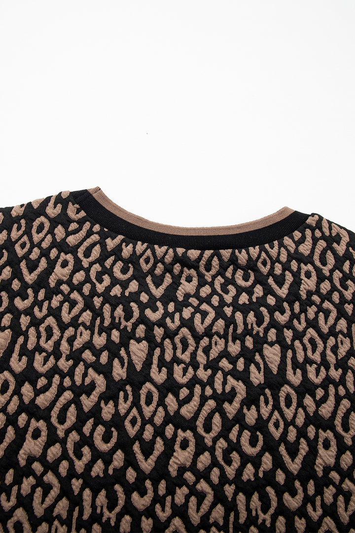 Black Leopard Print Puffy Bracelet Sleeve Contrast Trim Round Neck Top