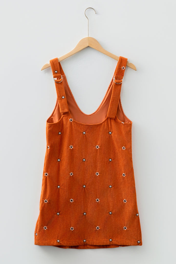 Gold Flame Flower Embroidered Corduroy Overall Mini Dress