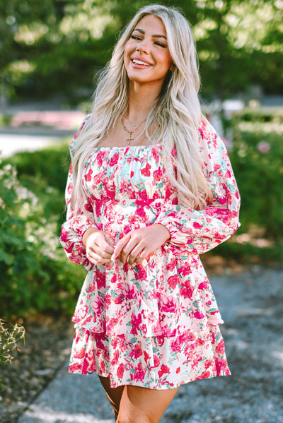 Pink Ruffle Tiered High Waist Puff Sleeve Floral Dress