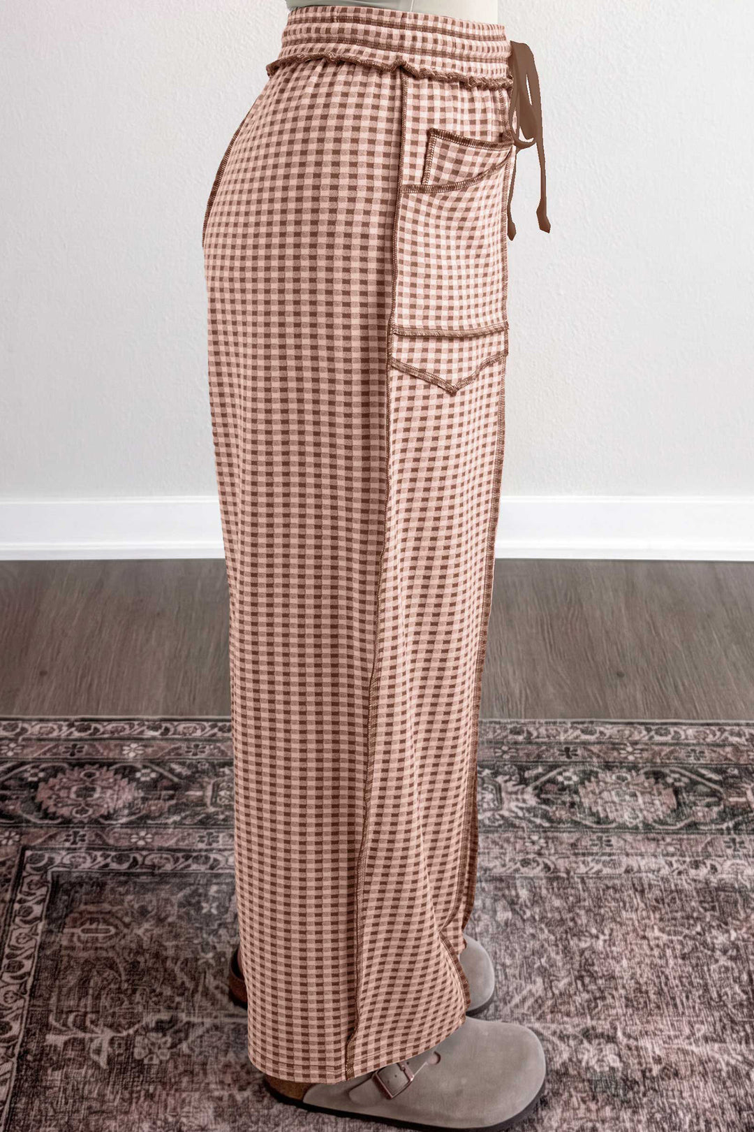 Brown Plaid Contrast Trim Drawstring Elastic Waist Shift Pants