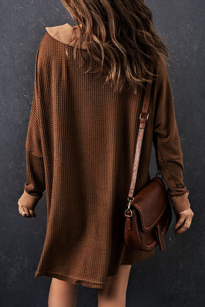 Brown Waffle Knit Buttoned Long Sleeve Top