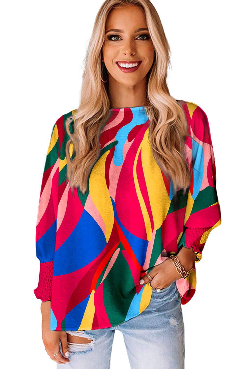 Multicolor Abstract Print Smocked Puff Sleeve Blouse