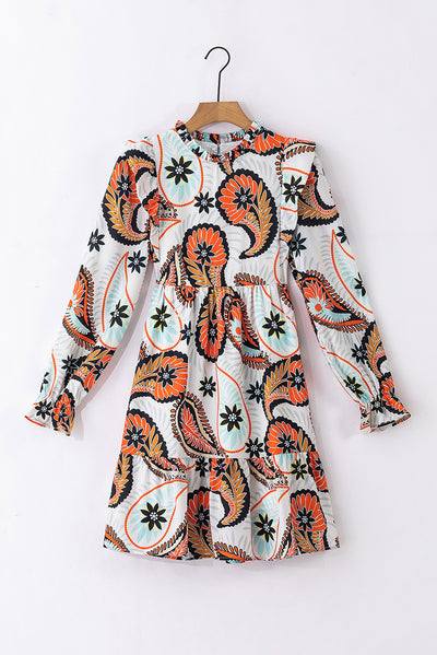 White Printed Boho Paisley Floral Print Puff Sleeve Mini Dress