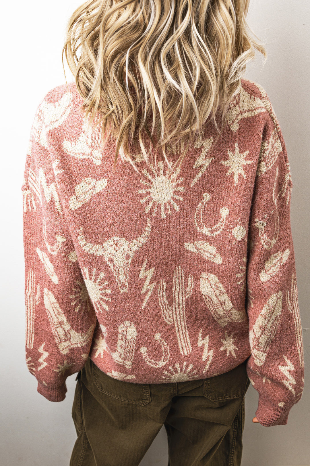 Peach Blossom Western Print Drop Shoulder Round Neck Long Sleeve Sweater