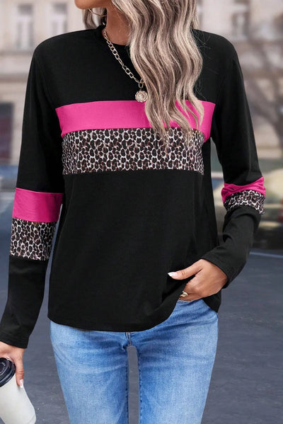 Leopard Round Neck Long Sleeve Blouse