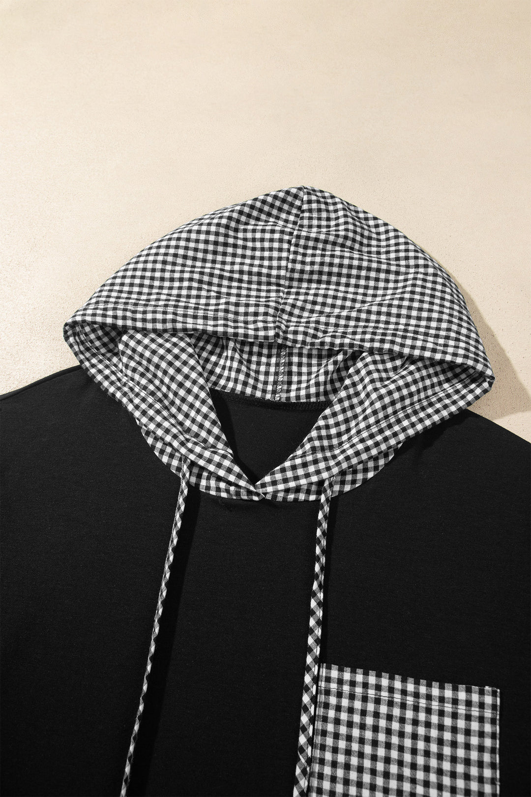 Black Hooded Gingham Paneling Chest Patch Pocket Long Sleeve Plus Size Blouse