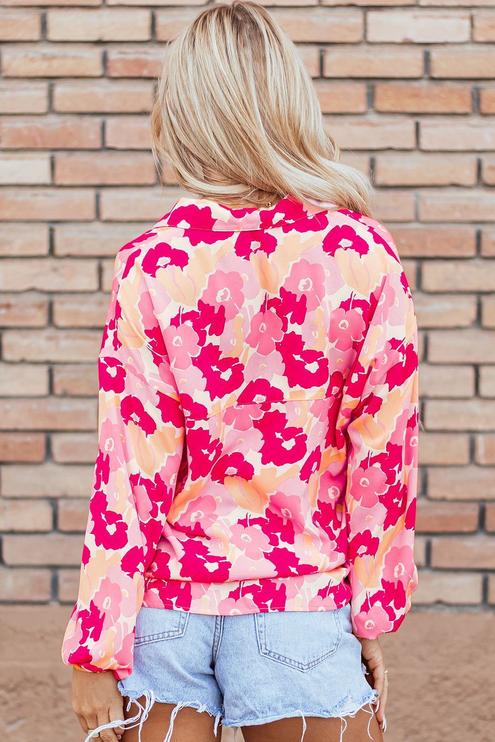 Pink Blooming Floral Print Puff Sleeve Buttoned Shirt