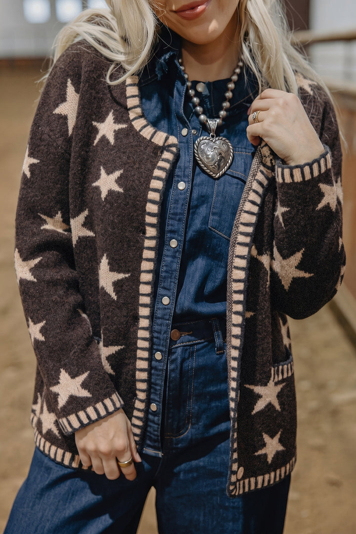 Brown Stars Pattern Colorblock Long Sleeve Shift Cardigan